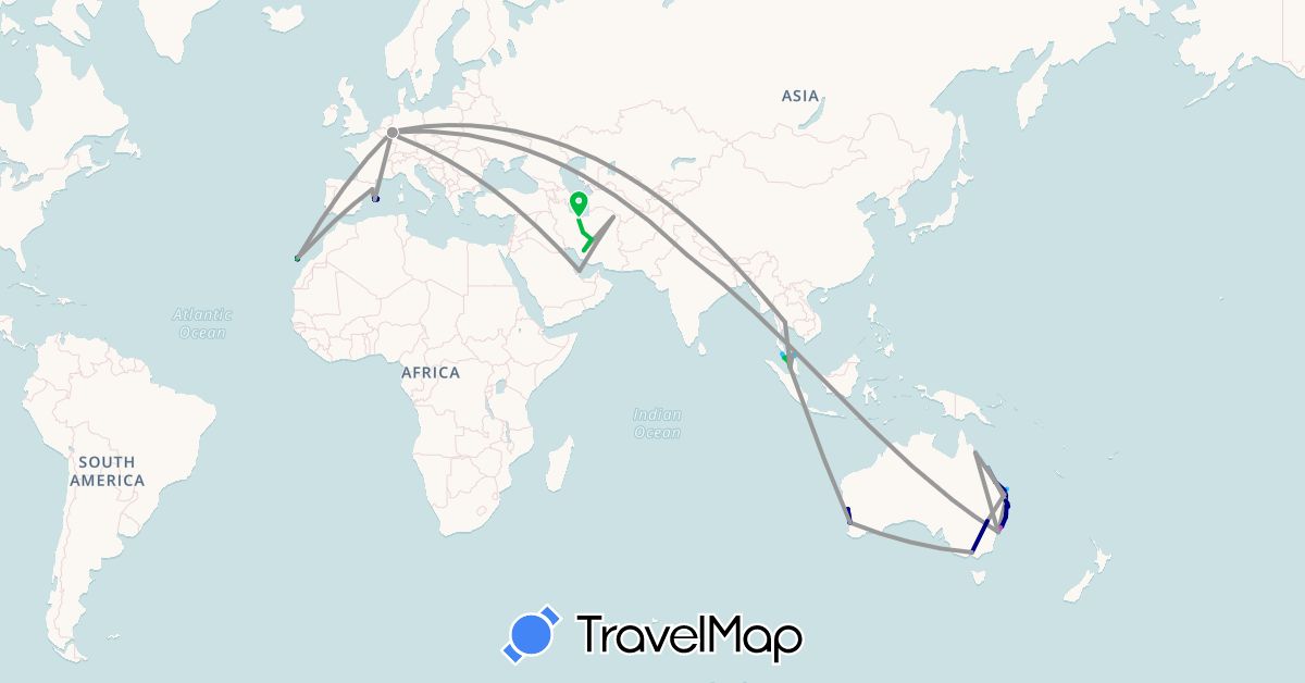 TravelMap itinerary: driving, bus, plane, train, boat in Australia, Germany, Spain, India, Iran, Malaysia, Qatar, Thailand (Asia, Europe, Oceania)